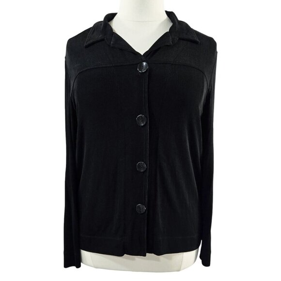 Chico's Travelers Black Slinky Knit Collared Button-Up Cardigan Capsule Stretch - Picture 1 of 7